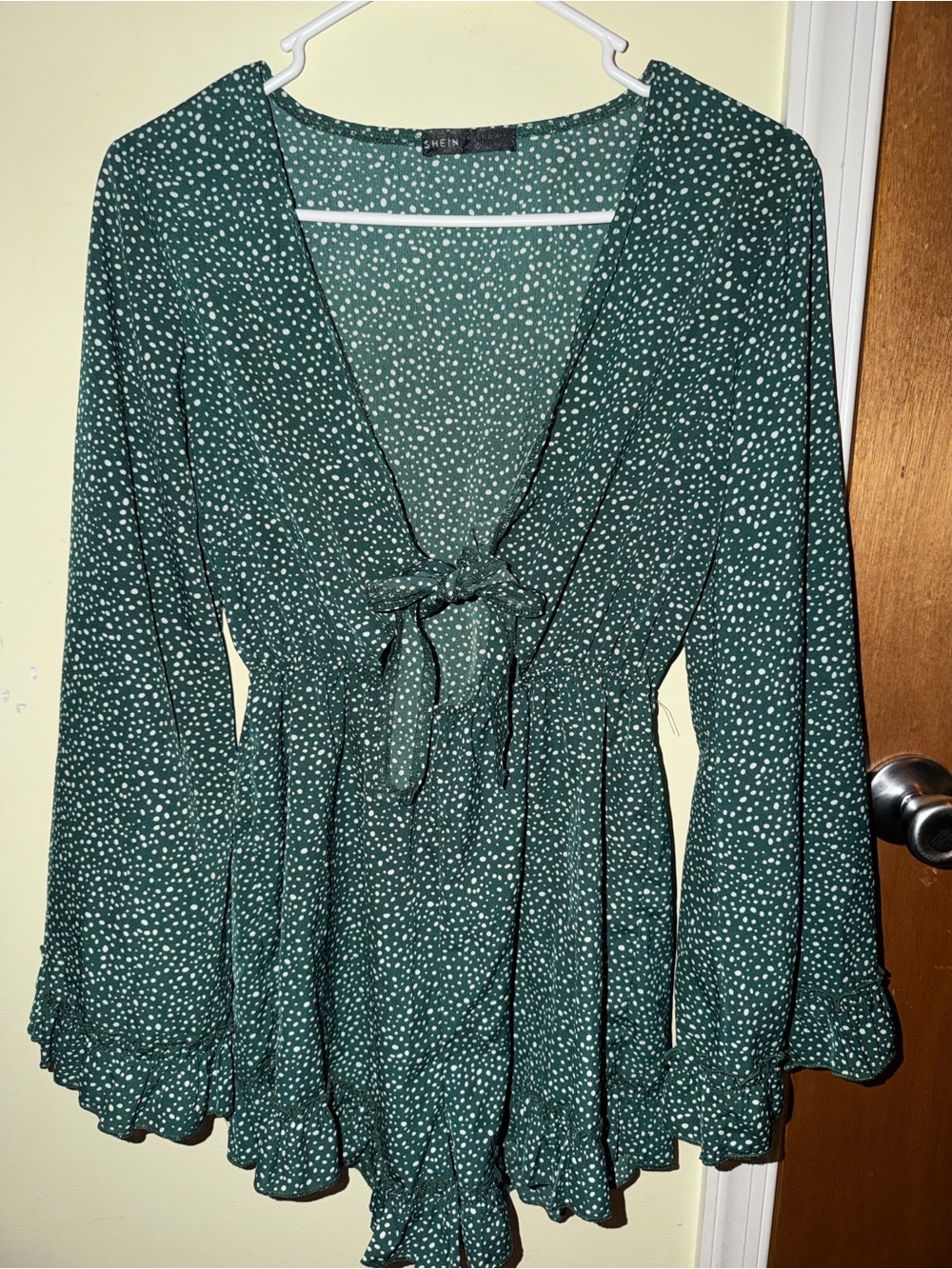 SHEIN Dark Green Polka Dot Tie-Front Long Sleeve Romper